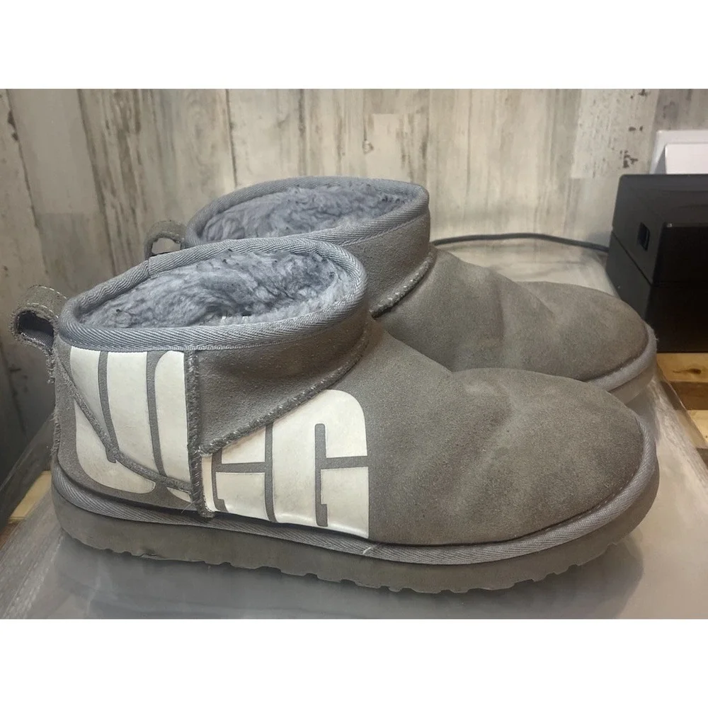 Ugg Classic Ultra Mini  Ankle Boot Grey Suede Women's Size 8 Warm, And Comfy